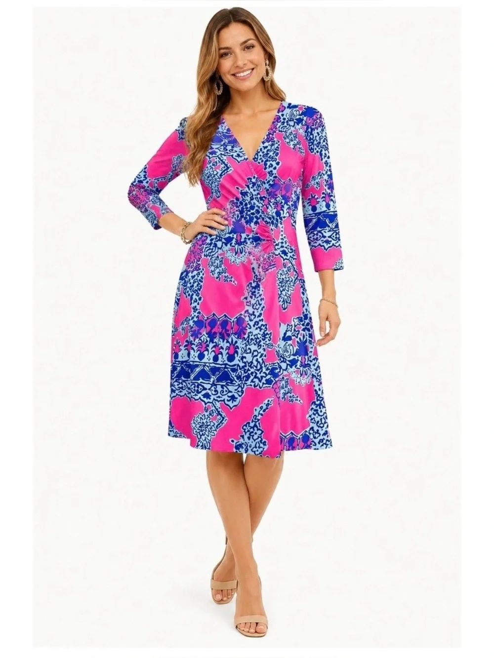 Lilly Pulitzer Pop Pink On The Square Yvette Dress Faux Wrap 3/4 Sleeve Size S - Picture 1 of 11